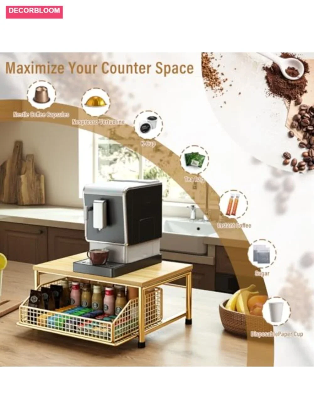 Coffee Pod Drawer Holder, Kitchen Counter Organizer with Pull-Out Basket, Metal